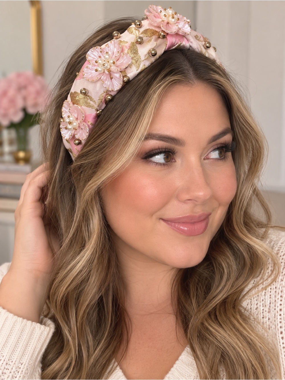Brianna Cannon Luxury Pink Floral Embellished Headband